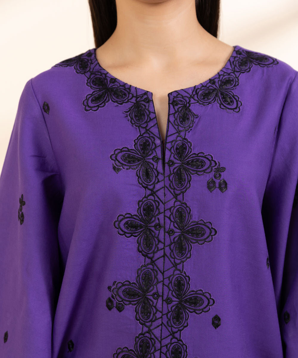 Women's Unstitched Embroidered Purplish Blue Cambric Shirt and Trousers