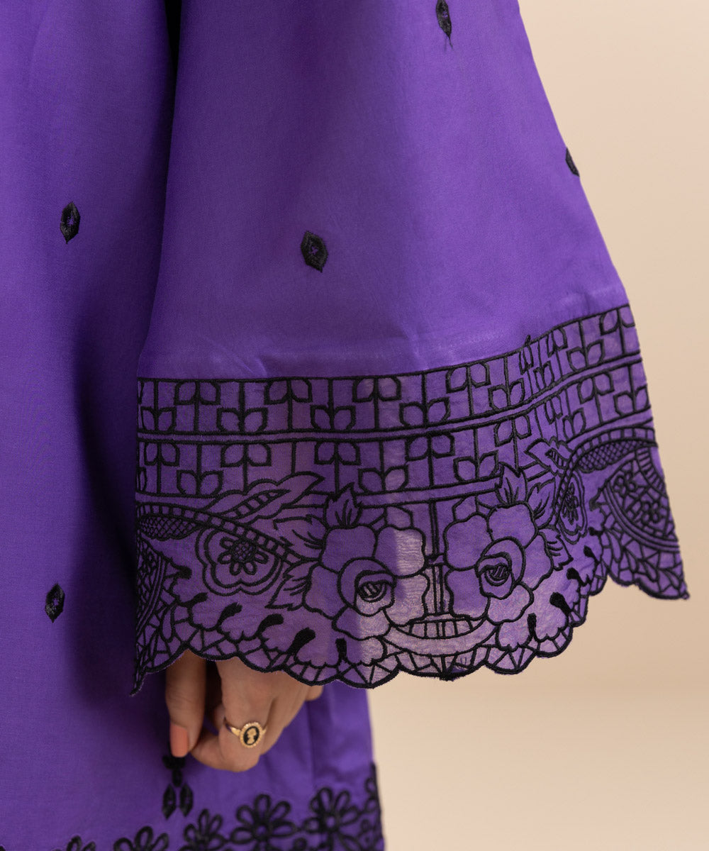 Women's Unstitched Embroidered Purplish Blue Cambric Shirt and Trousers