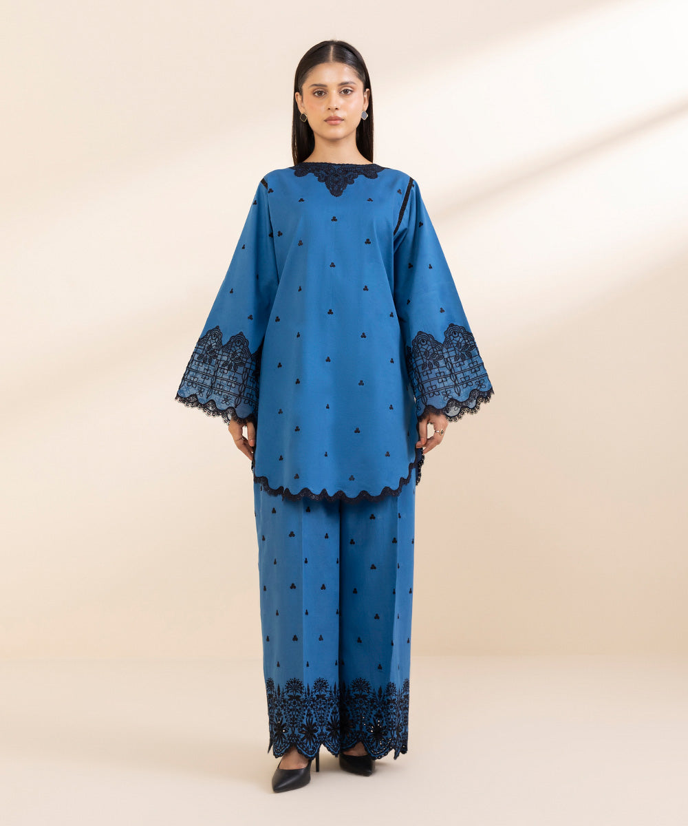 Women's Unstitched Embroidered Lapis Blue Cambric Shirt and Dupatta