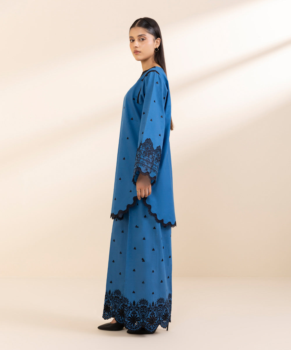 Women's Unstitched Embroidered Lapis Blue Cambric Shirt and Dupatta