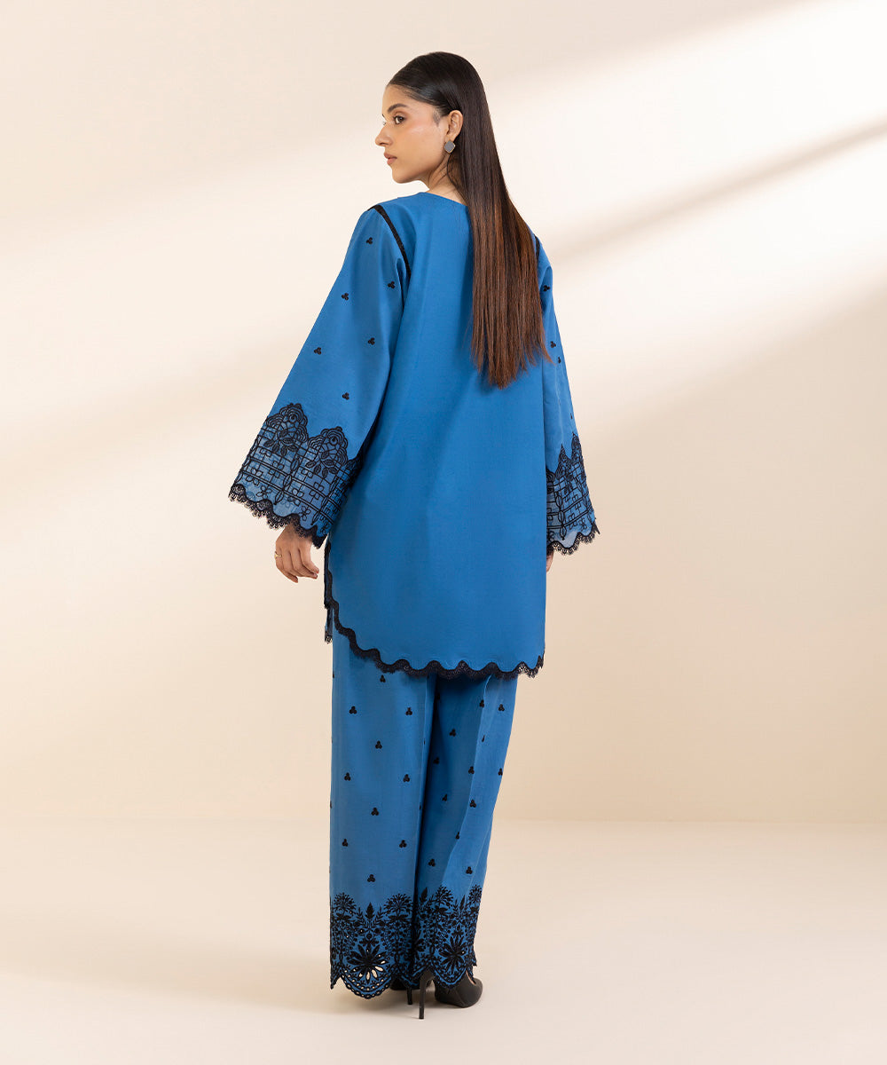 Women's Unstitched Embroidered Lapis Blue Cambric Shirt and Dupatta