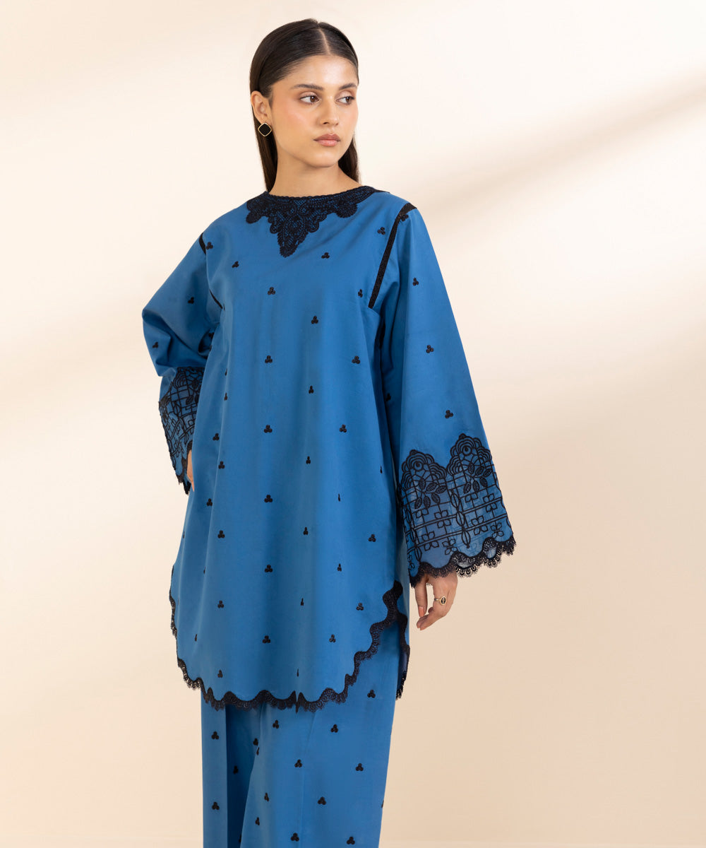 Women's Unstitched Embroidered Lapis Blue Cambric Shirt and Dupatta