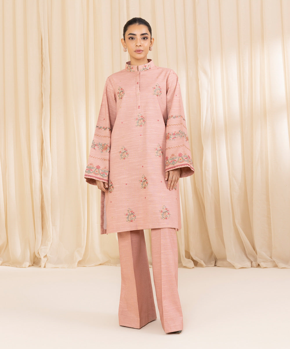 Women's Unstitched Embroidered Tea Pink Zari Khaddar Shirt and Trousers