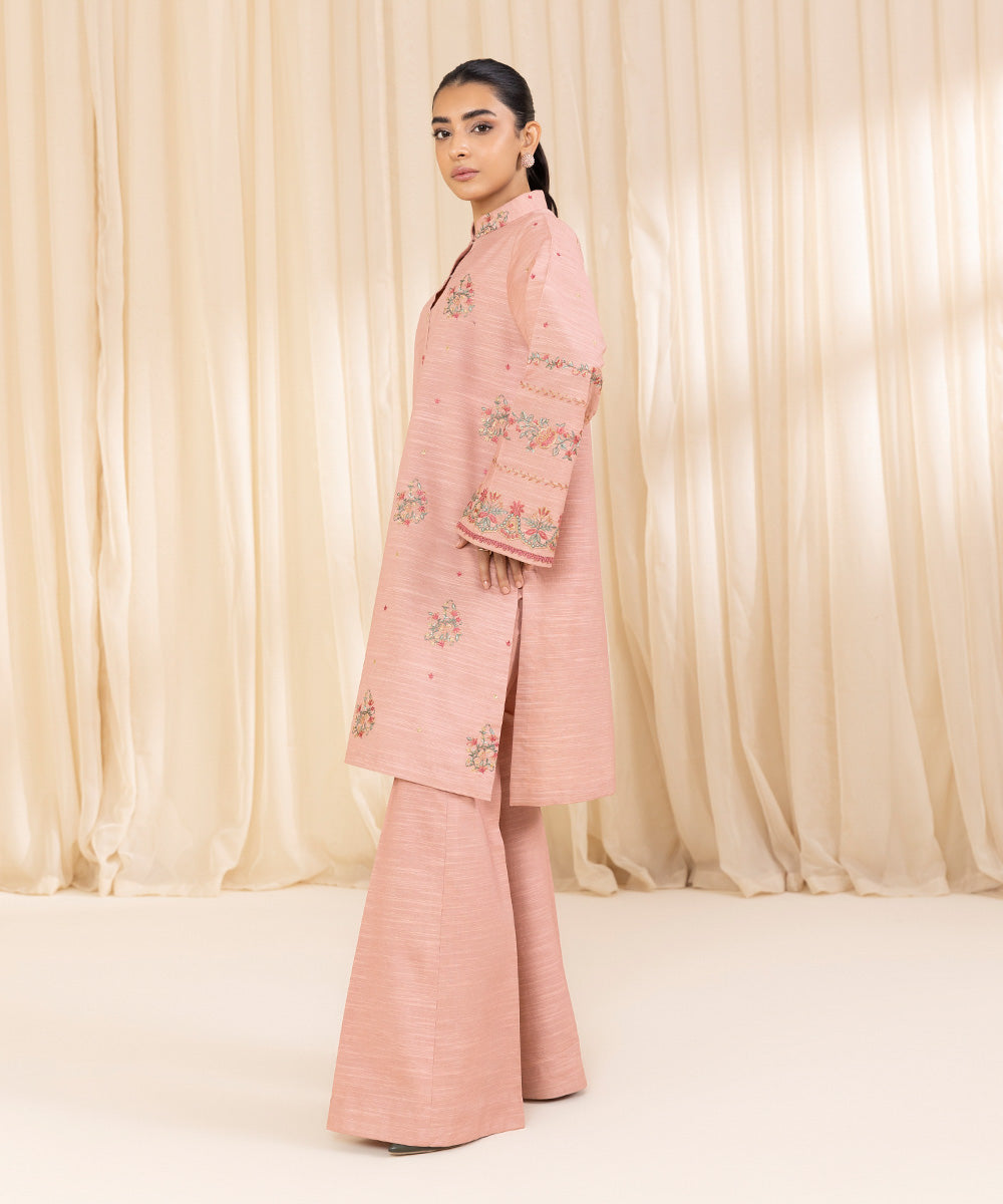 Women's Unstitched Embroidered Tea Pink Zari Khaddar Shirt and Trousers