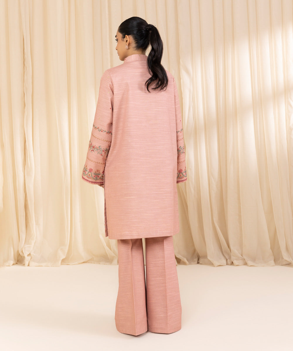 Women's Unstitched Embroidered Tea Pink Zari Khaddar Shirt and Trousers