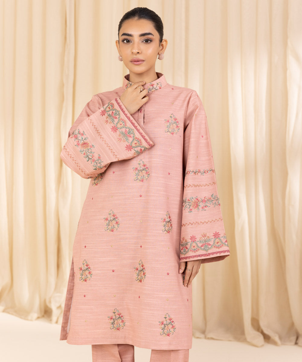 Women's Unstitched Embroidered Tea Pink Zari Khaddar Shirt and Trousers