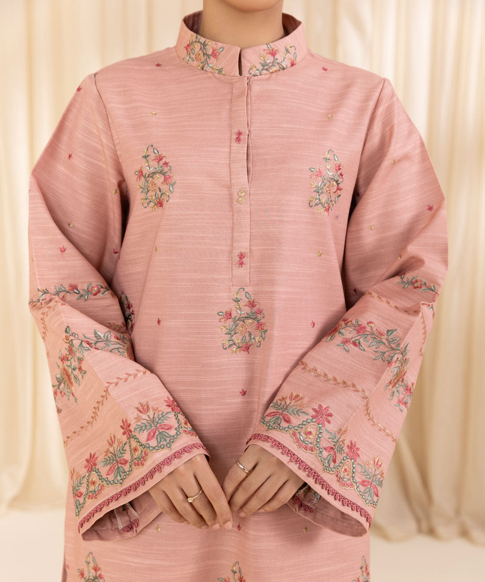 Women's Unstitched Embroidered Tea Pink Zari Khaddar Shirt and Trousers