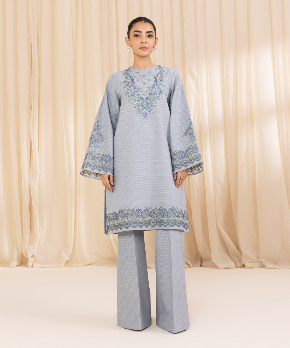 Women's Unstitched Embroidered Blue Gray Cotton Jacquard Shirt and Trousers