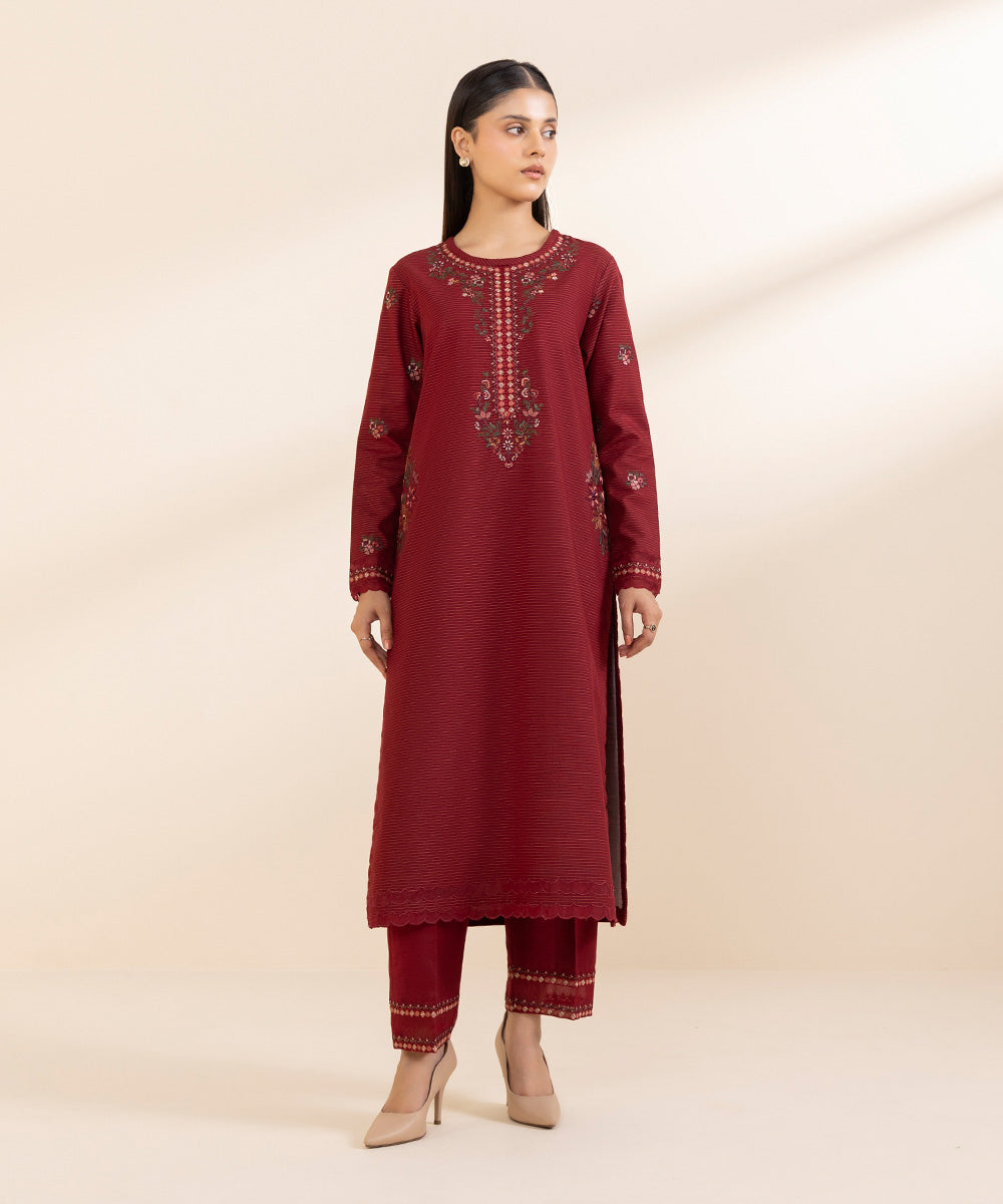 Women's Unstitched Embroidered Maroon Zari Khaddar Shirt and Trousers