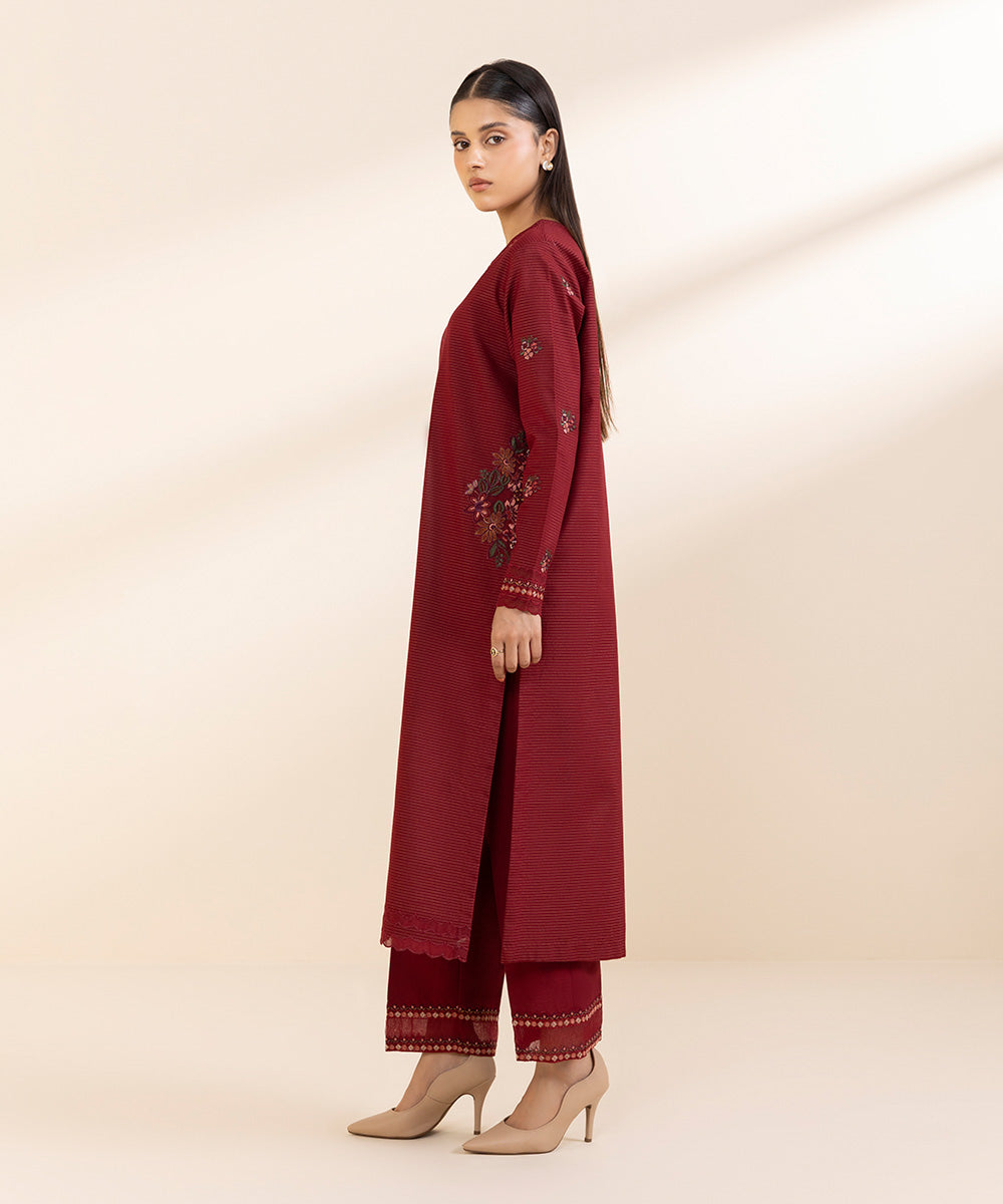 Women's Unstitched Embroidered Maroon Zari Khaddar Shirt and Trousers