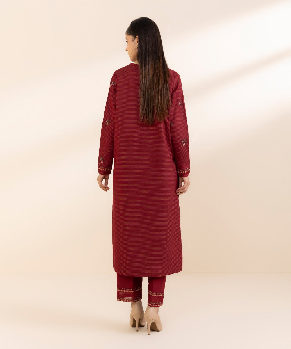 Women's Unstitched Embroidered Maroon Zari Khaddar Shirt and Trousers