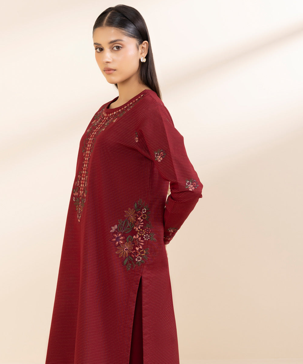 Women's Unstitched Embroidered Maroon Zari Khaddar Shirt and Trousers