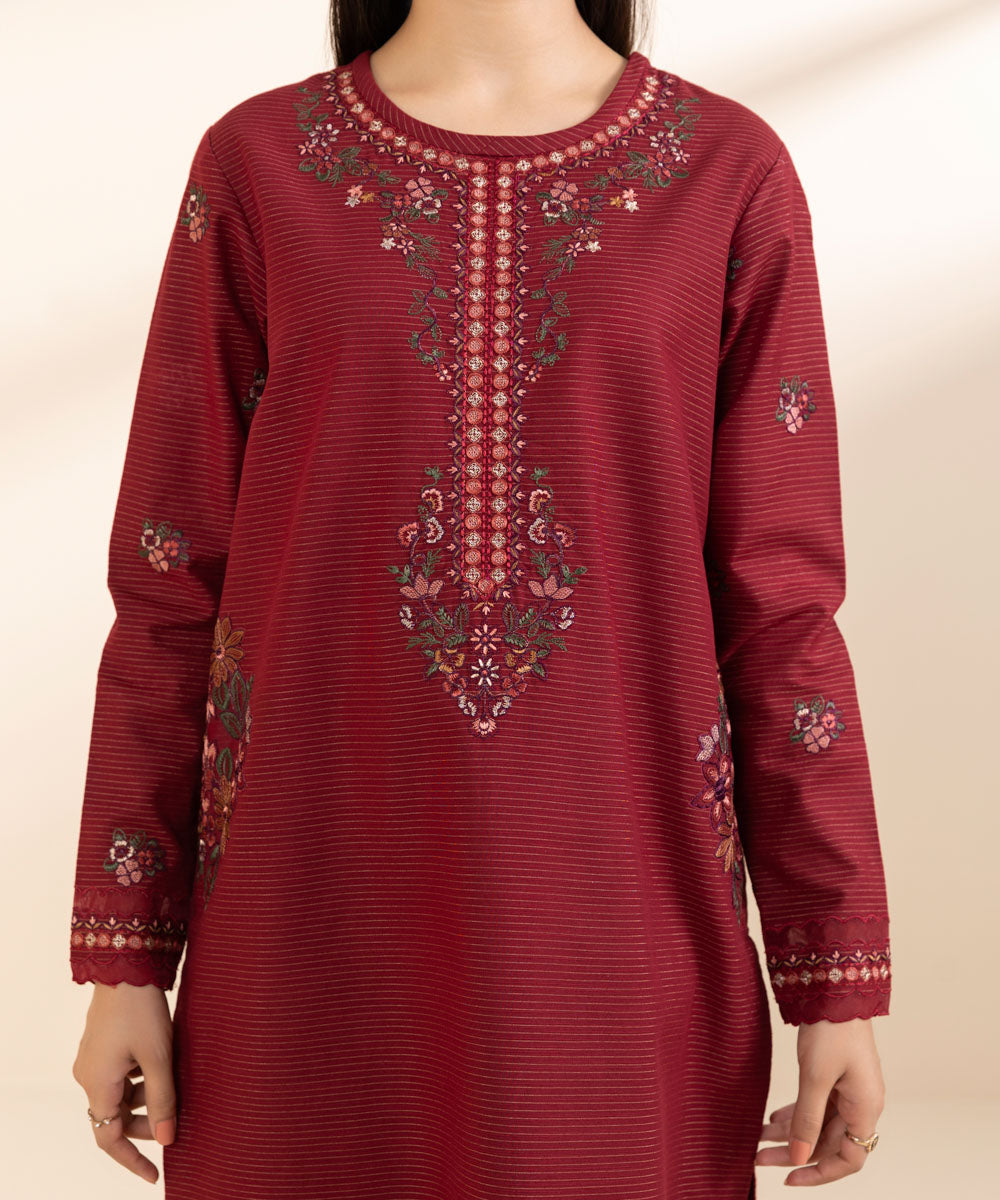 Women's Unstitched Embroidered Maroon Zari Khaddar Shirt and Trousers