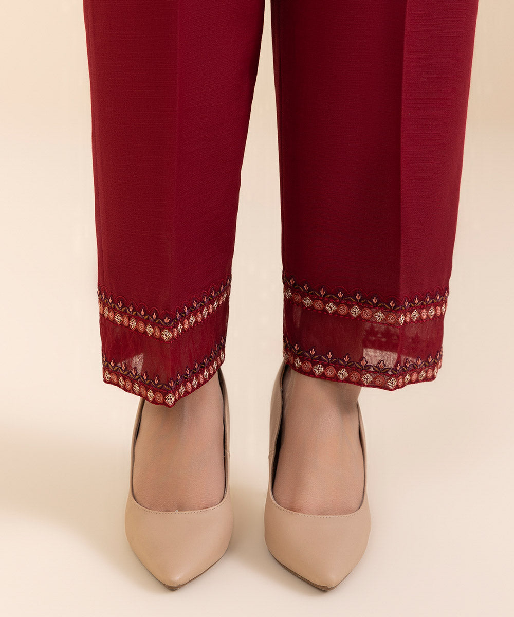 Women's Unstitched Embroidered Maroon Zari Khaddar Shirt and Trousers