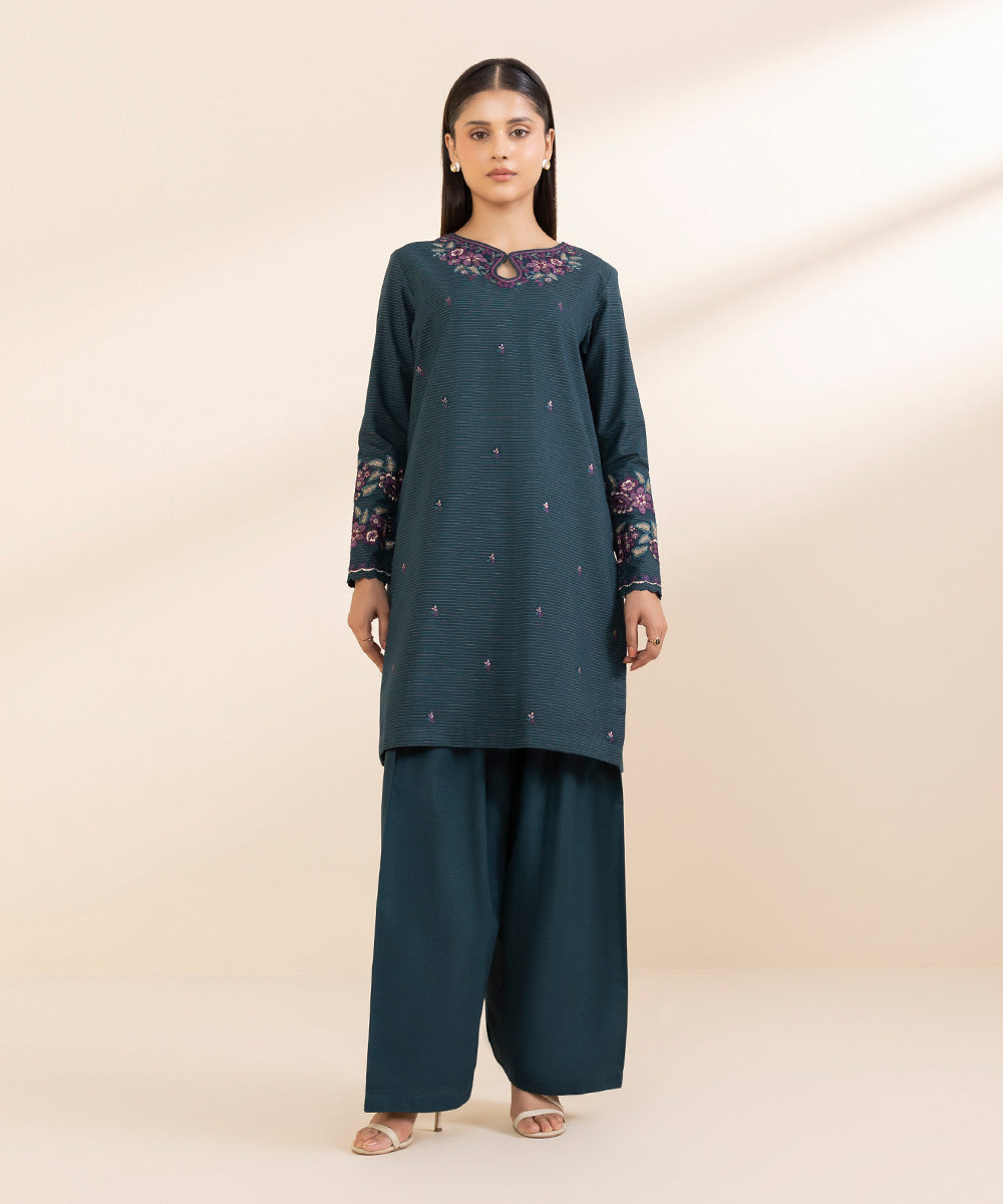 Women's Unstitched Embroidered Midnight Blue Zari Khaddar Shirt and Trousers