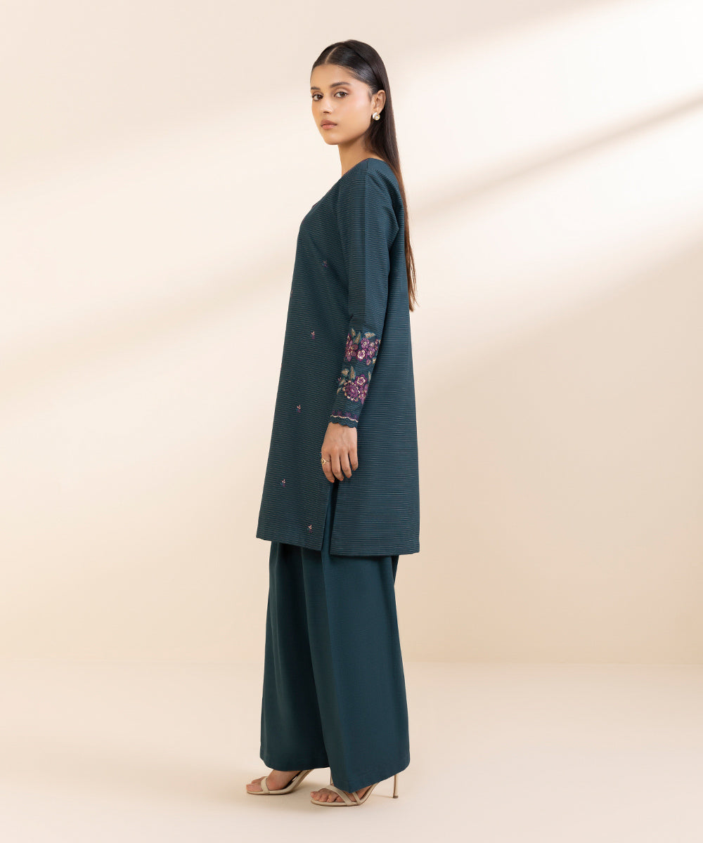 Women's Unstitched Embroidered Midnight Blue Zari Khaddar Shirt and Trousers