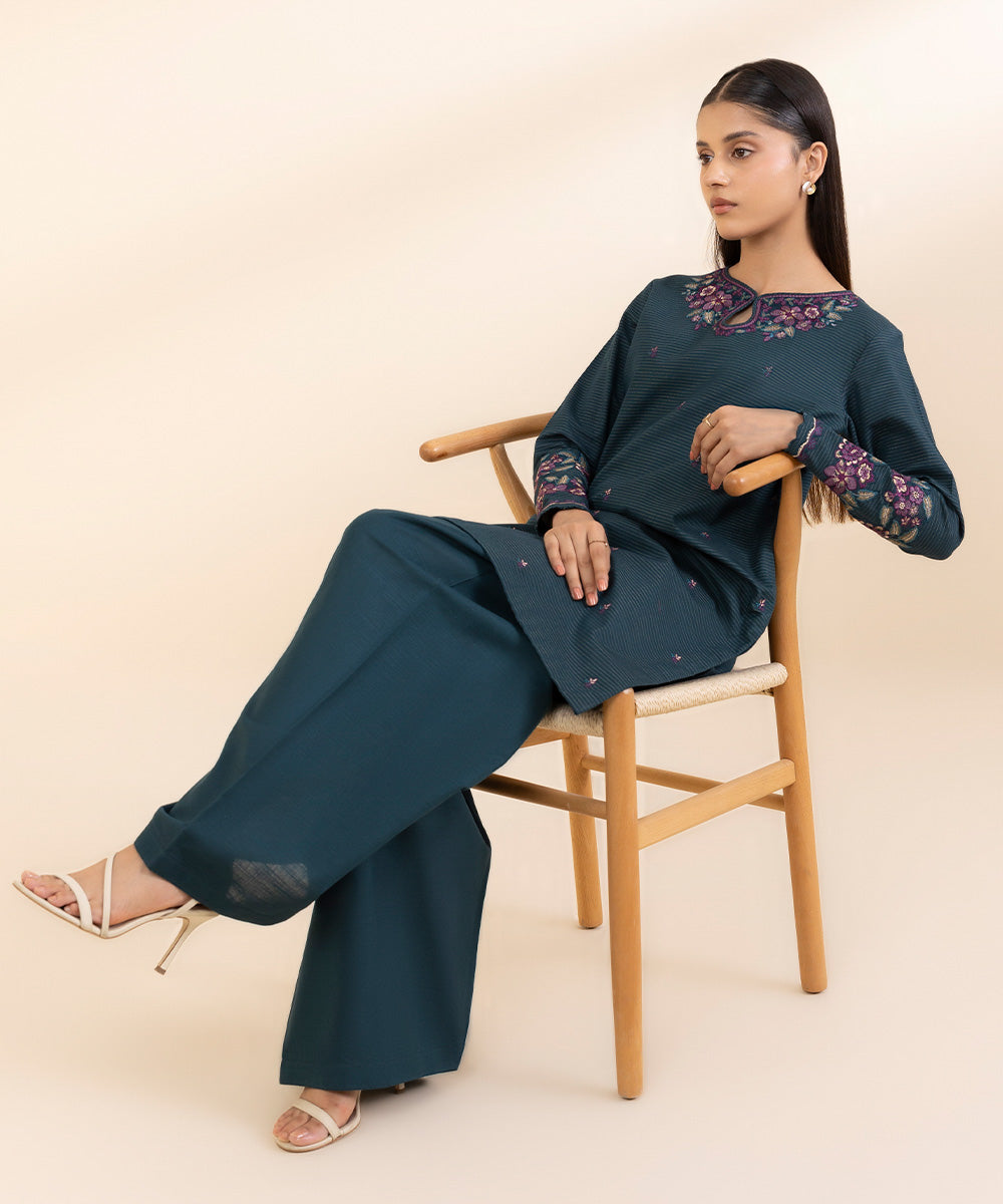 Women's Unstitched Embroidered Midnight Blue Zari Khaddar Shirt and Trousers