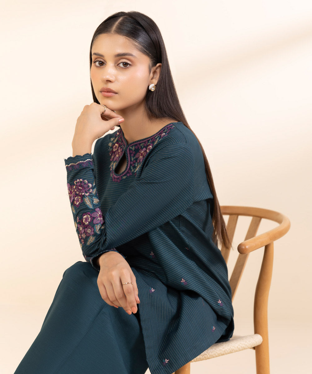 Women's Unstitched Embroidered Midnight Blue Zari Khaddar Shirt and Trousers