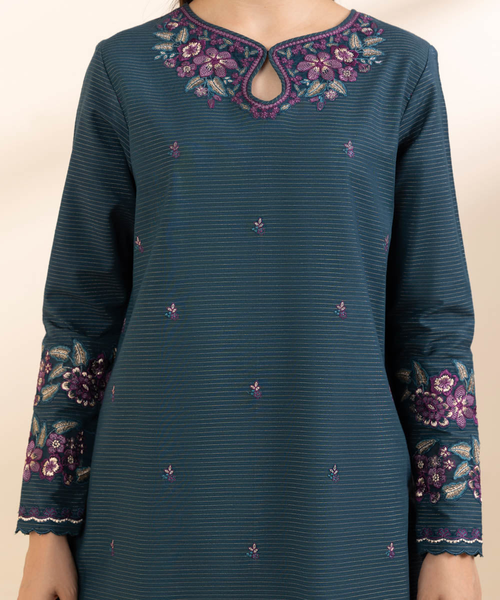 Women's Unstitched Embroidered Midnight Blue Zari Khaddar Shirt and Trousers