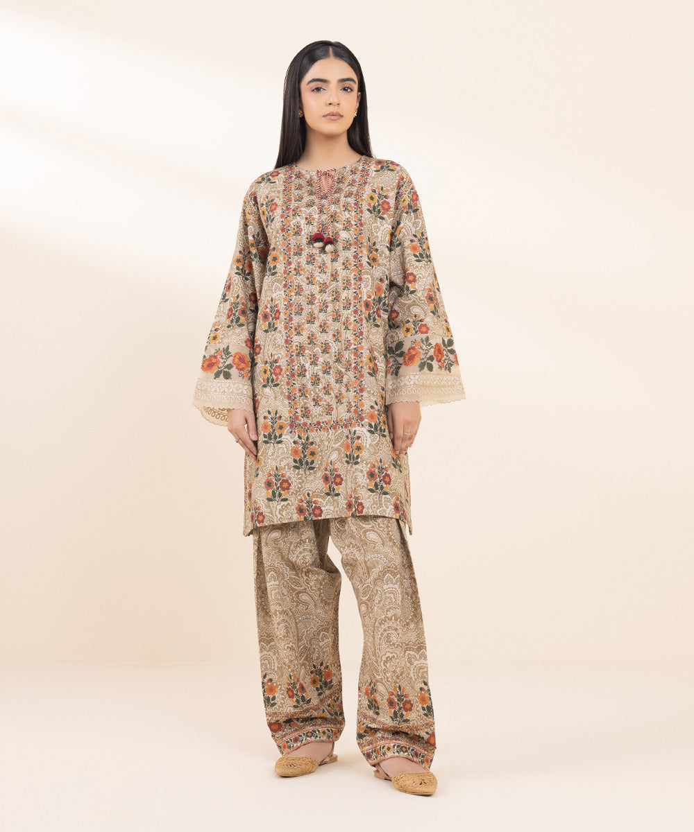 Women's Pret Khaddar Beige Embroidered 2 Piece Suit