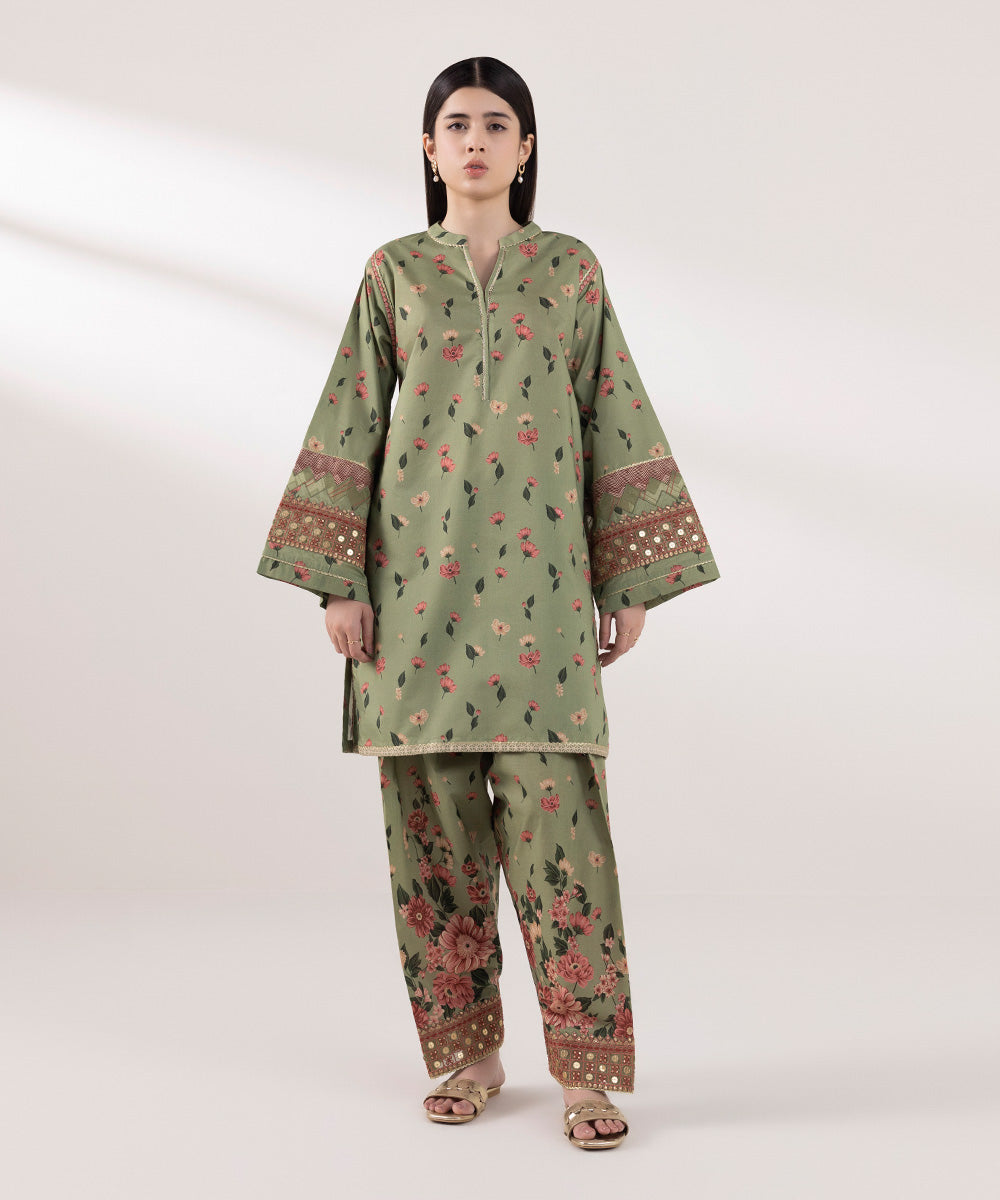 Women's Lawn Printed Embroidered Green Unstitched 2 Piece Suit