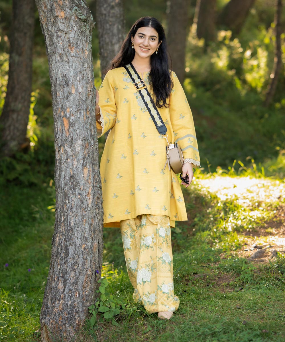 Women's Unstitched Light Khaddar Yellow Embroidered 2 Piece Suit