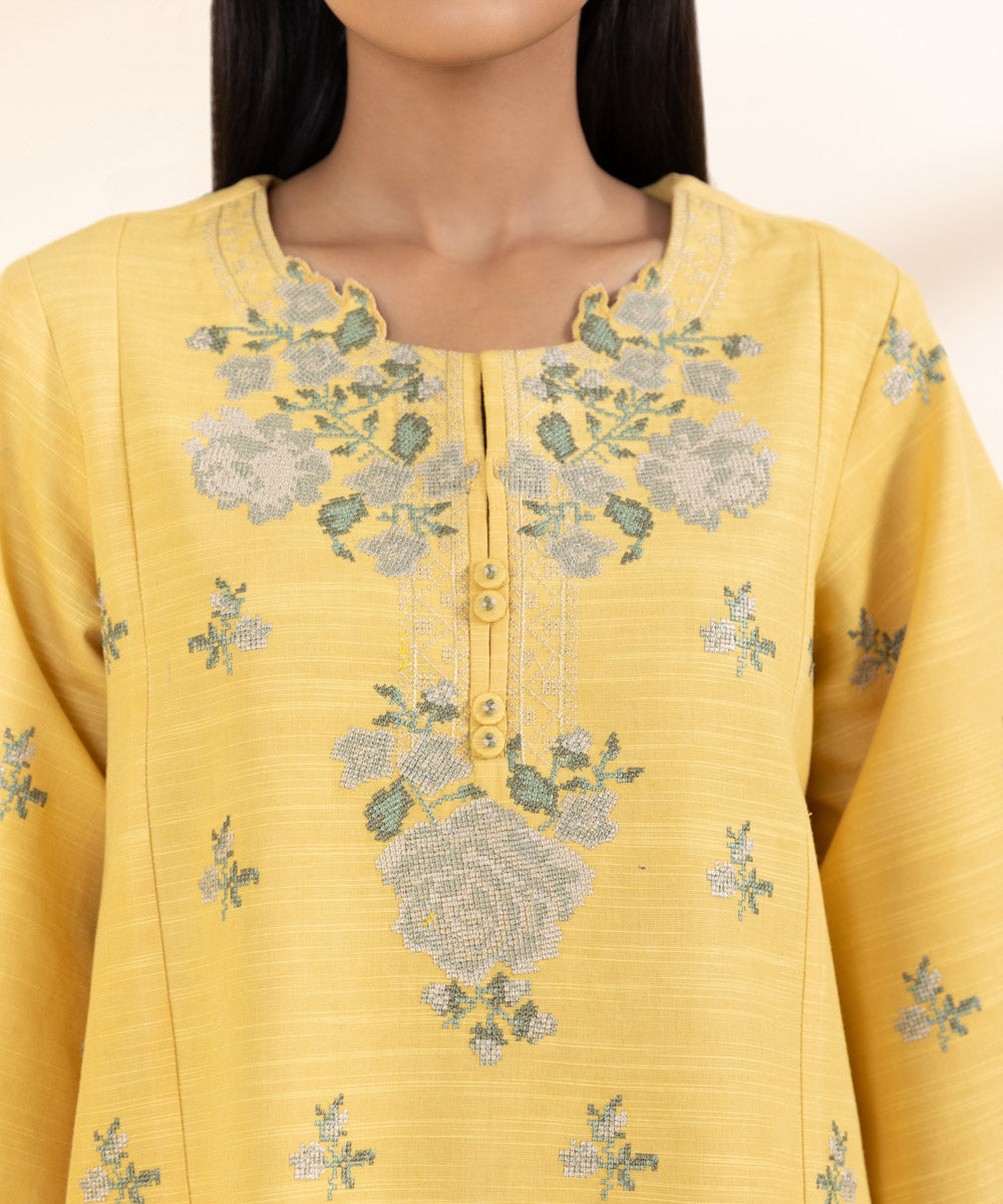 Women's Unstitched Light Khaddar Yellow Embroidered 2 Piece Suit