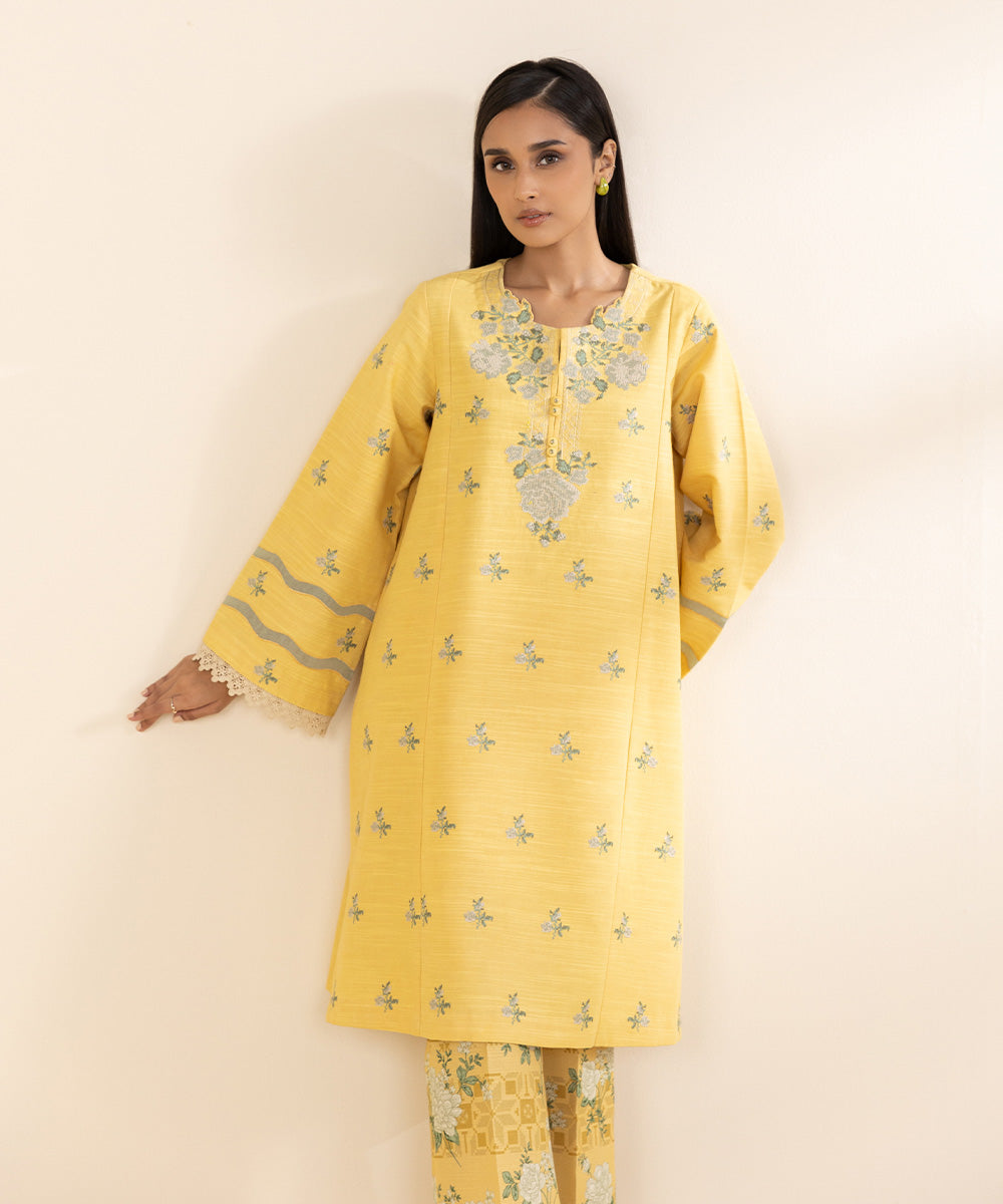 Women's Unstitched Light Khaddar Yellow Embroidered 2 Piece Suit