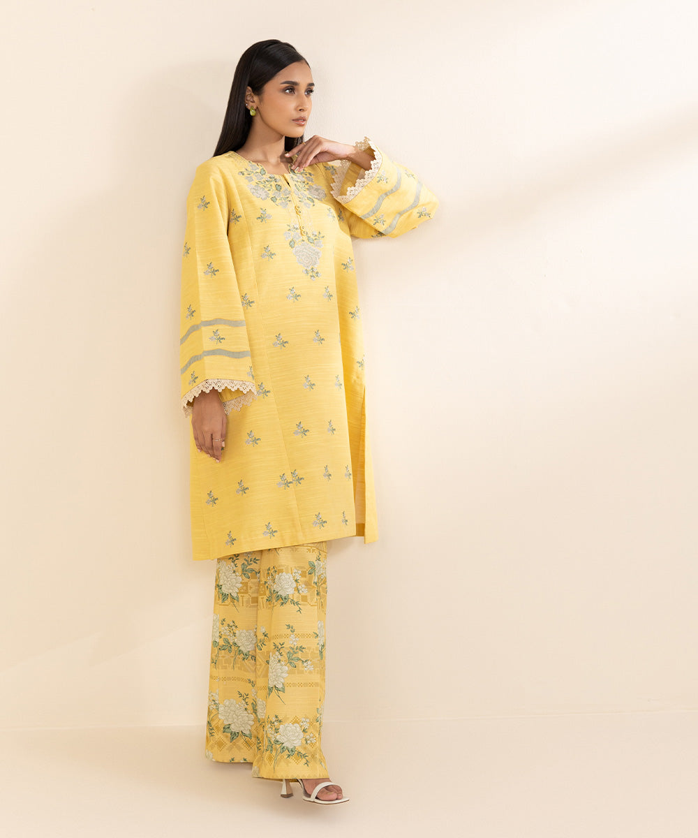 Women's Unstitched Light Khaddar Yellow Embroidered 2 Piece Suit