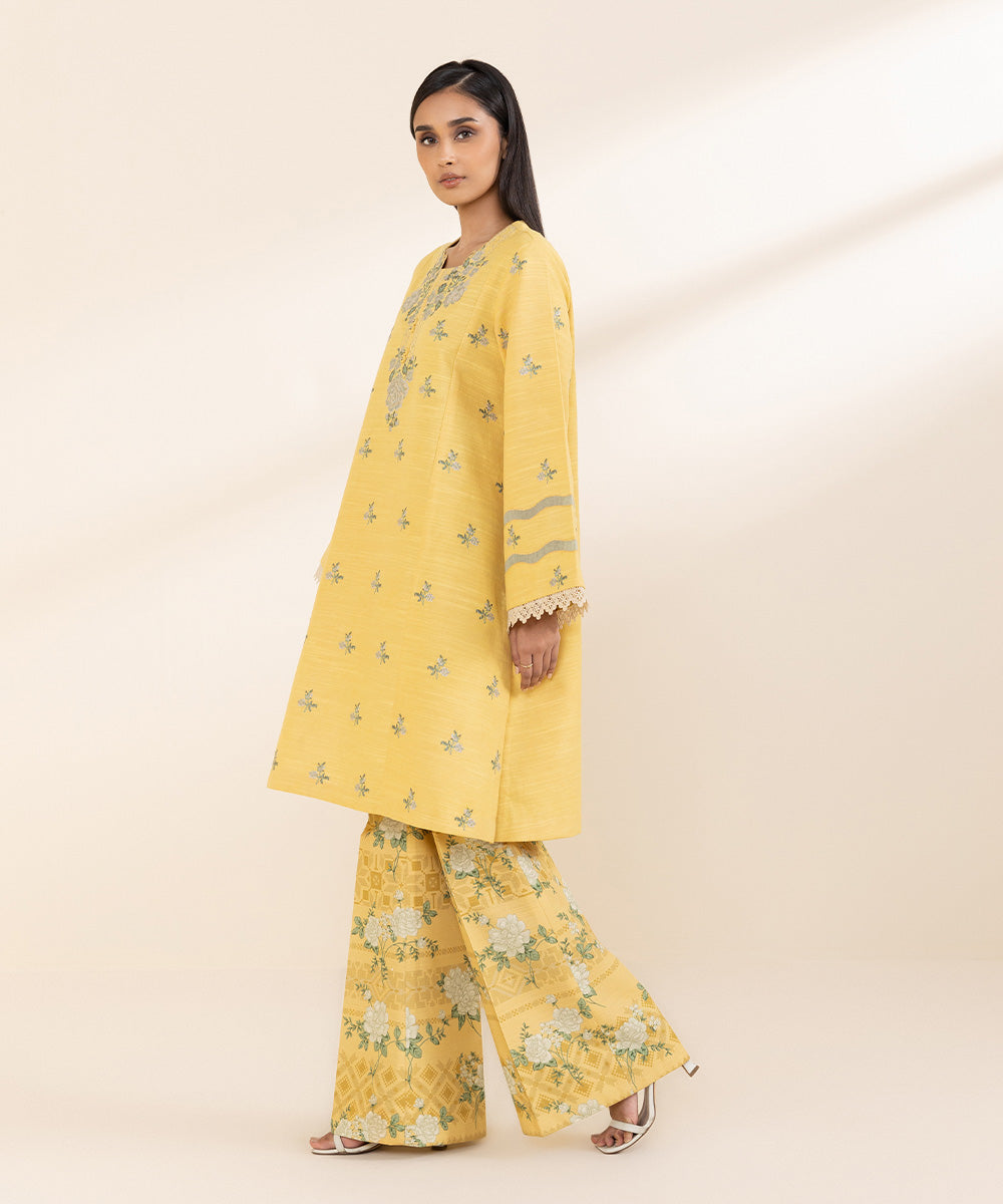 Women's Unstitched Light Khaddar Yellow Embroidered 2 Piece Suit