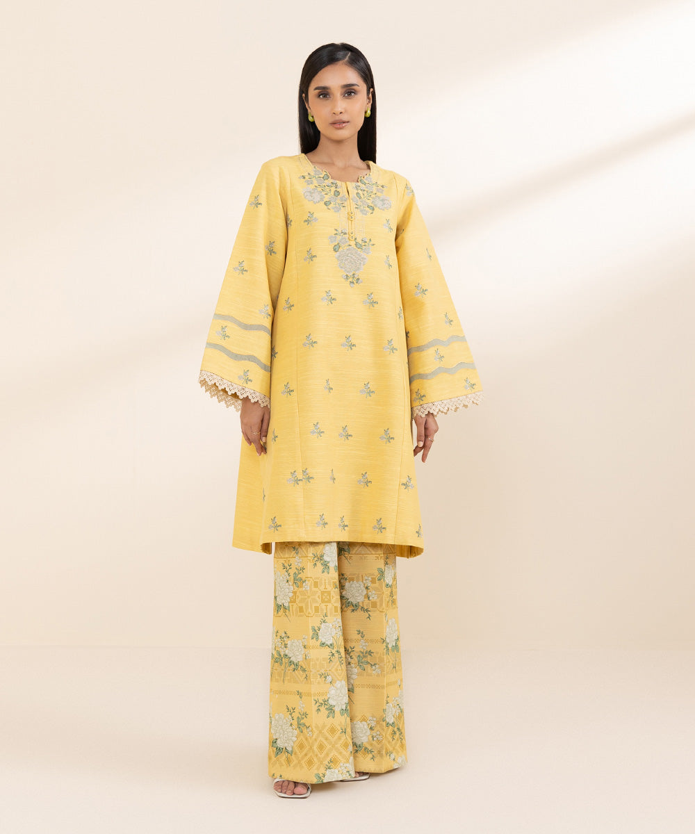 Women's Unstitched Light Khaddar Yellow Embroidered 2 Piece Suit