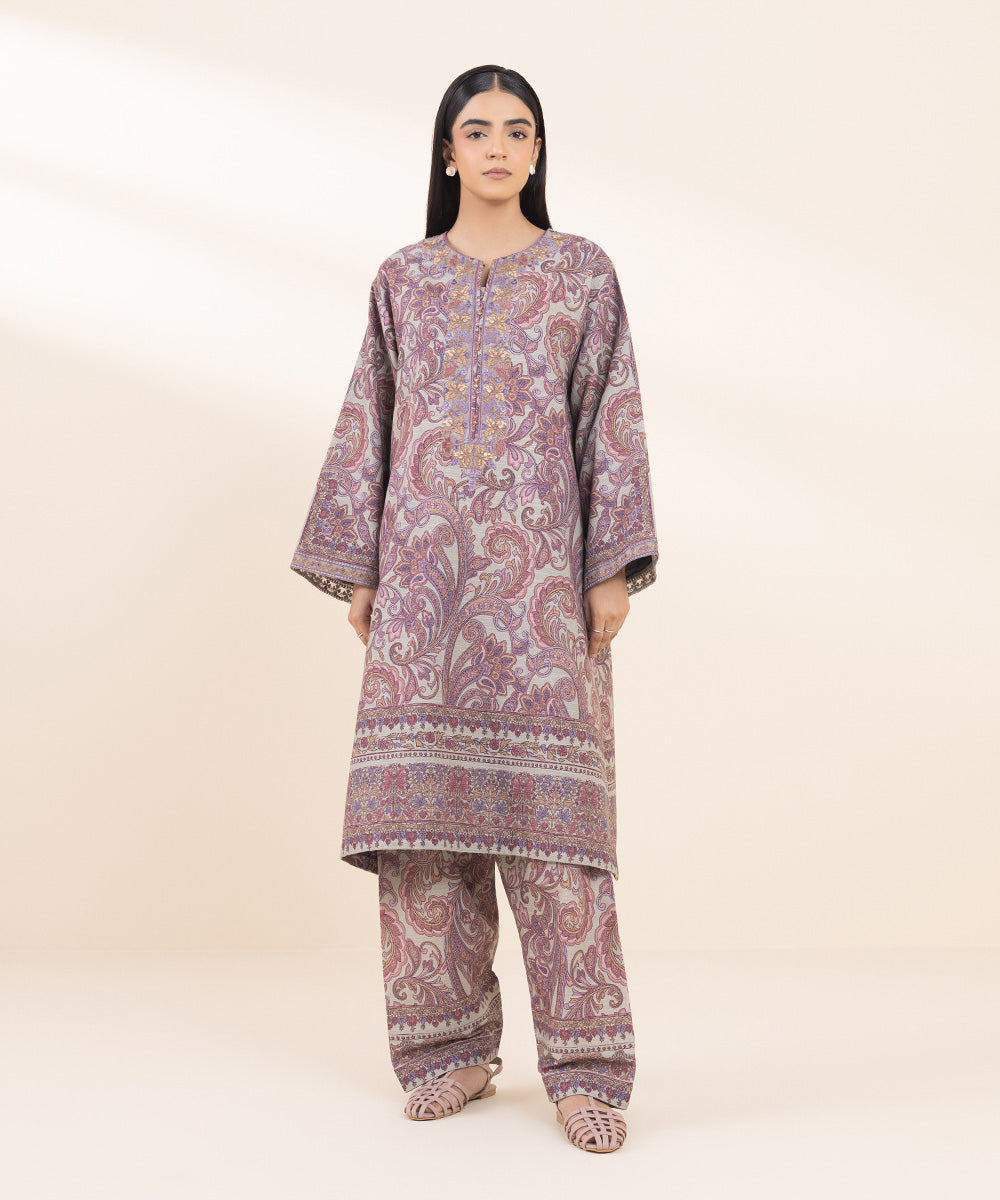 Women's Unstitched Khaddar Embroidered Purple 2 Piece Suit