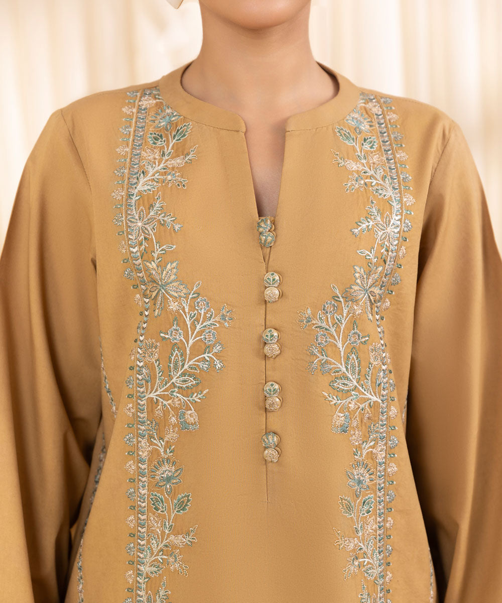 Women's Unstitched Embroidered Mustard Yellow Cambric Shirt and Trousers