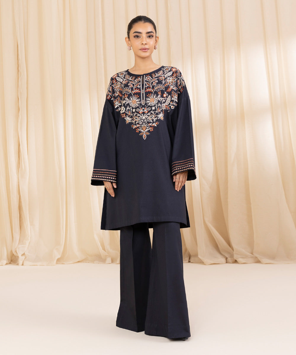 Women's Unstitched Embroidered Black Cambric Shirt and Trousers