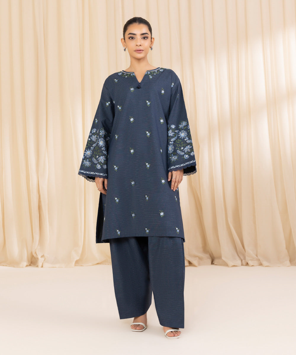 Women's Unstitched Embroidered Navy Blue Zari Khaddar Shirt and Trousers