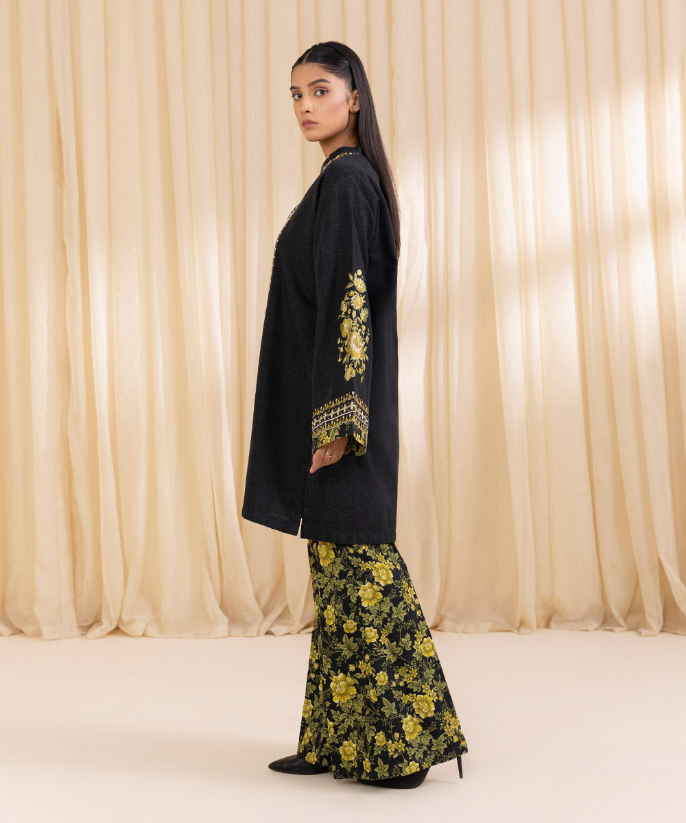 Women's Unstitched Embroidered Black Khaddar Shirt and Dupatta