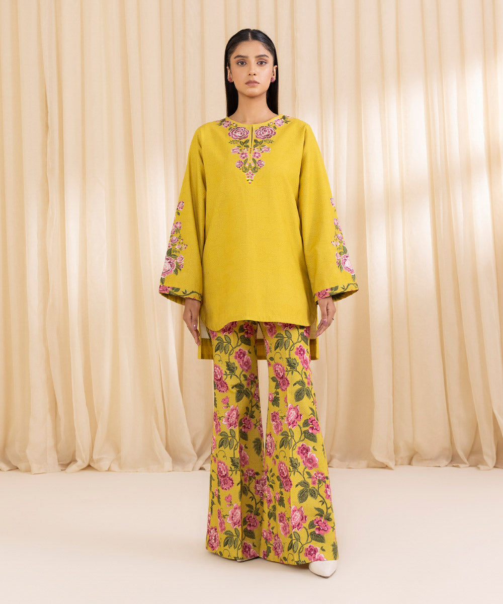 Women's Unstitched Embroidered Yellow Khaddar Shirt and Dupatta