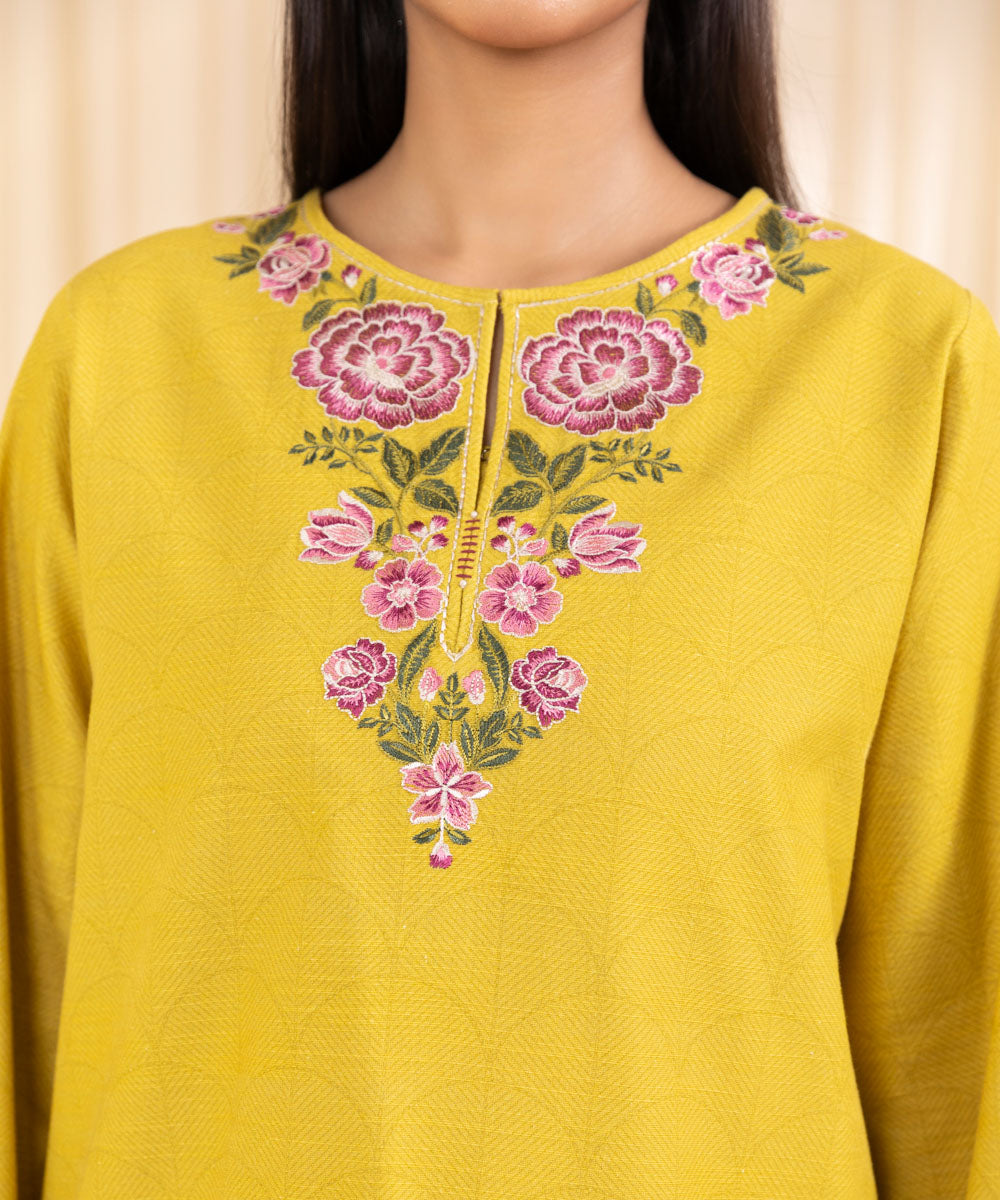 Women's Unstitched Embroidered Yellow Khaddar Shirt and Dupatta