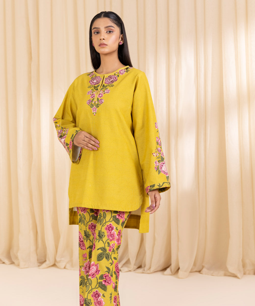 Women's Unstitched Embroidered Yellow Khaddar Shirt and Dupatta