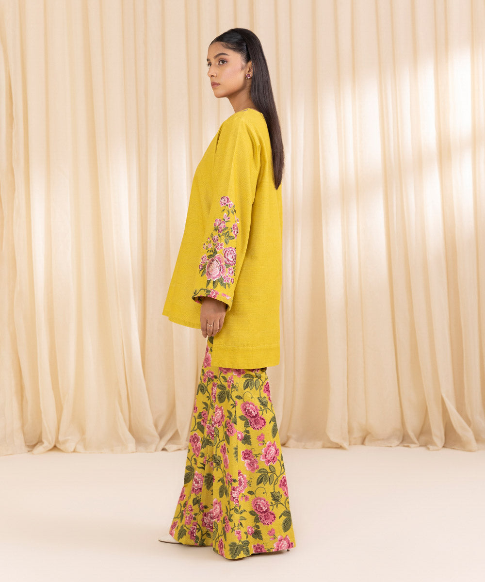 Women's Unstitched Embroidered Yellow Khaddar Shirt and Dupatta