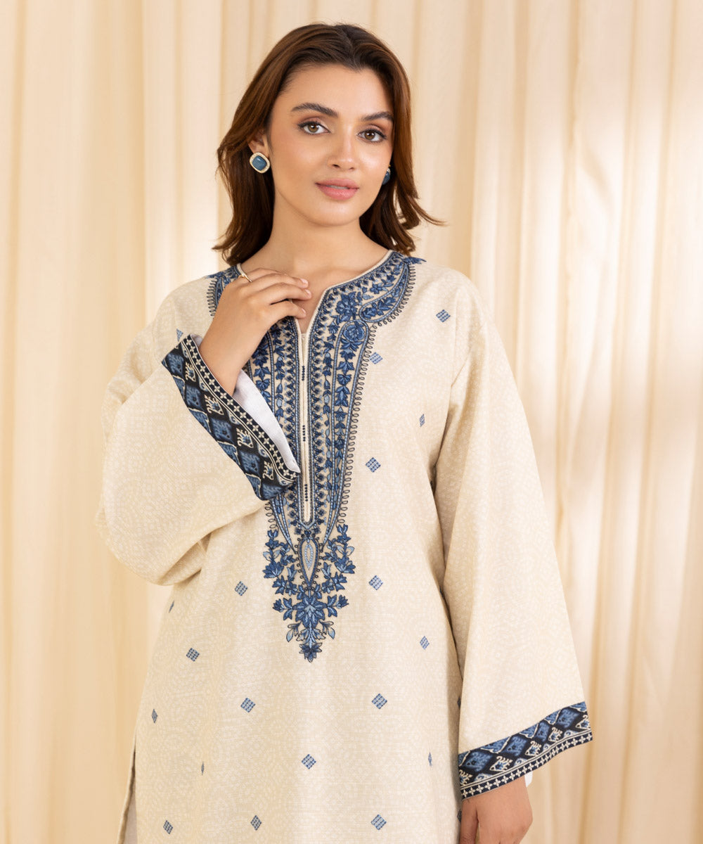 Women's Unstitched Embroidered Ivory Khaddar Shirt and Dupatta