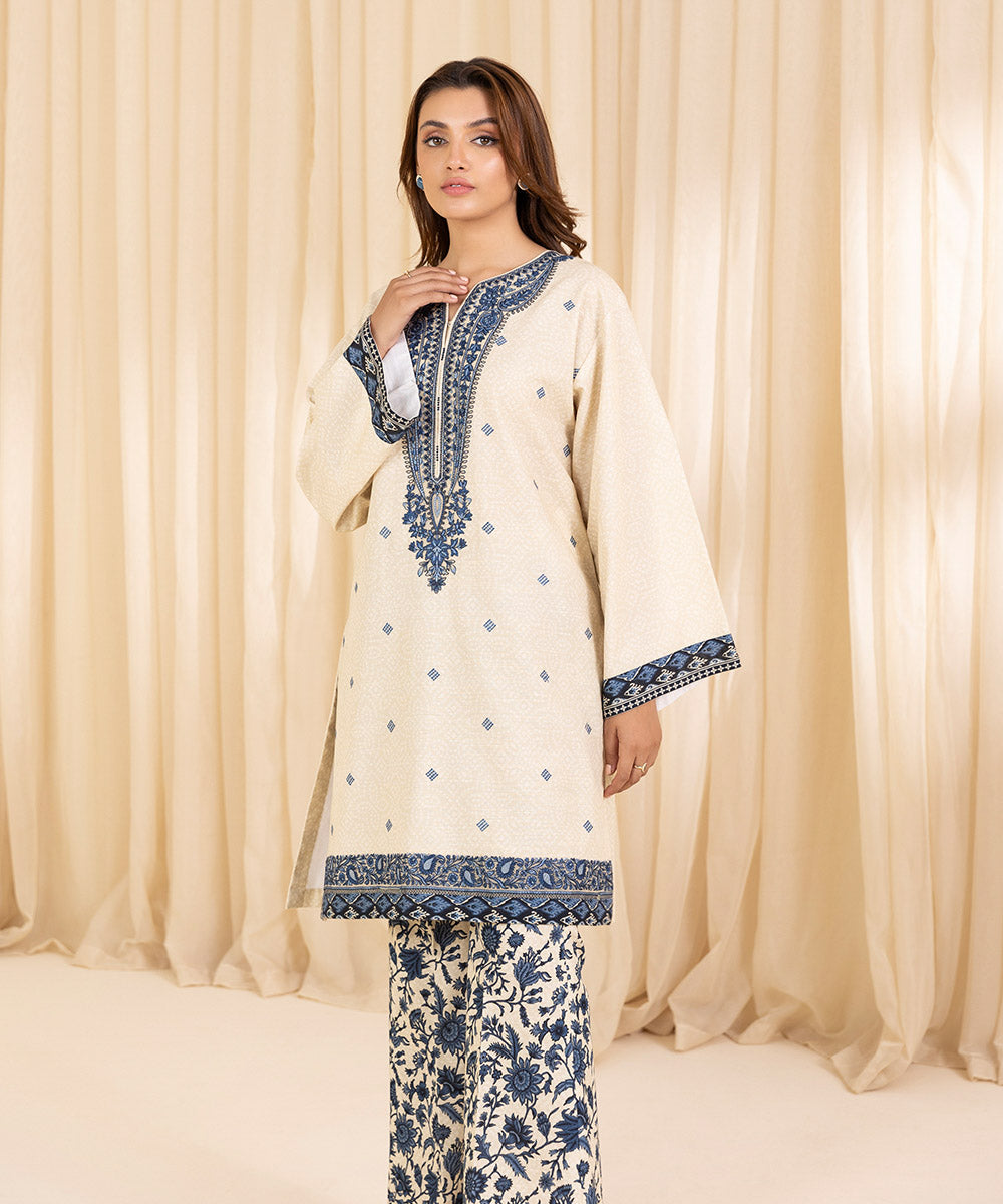 Women's Unstitched Embroidered Ivory Khaddar Shirt and Dupatta