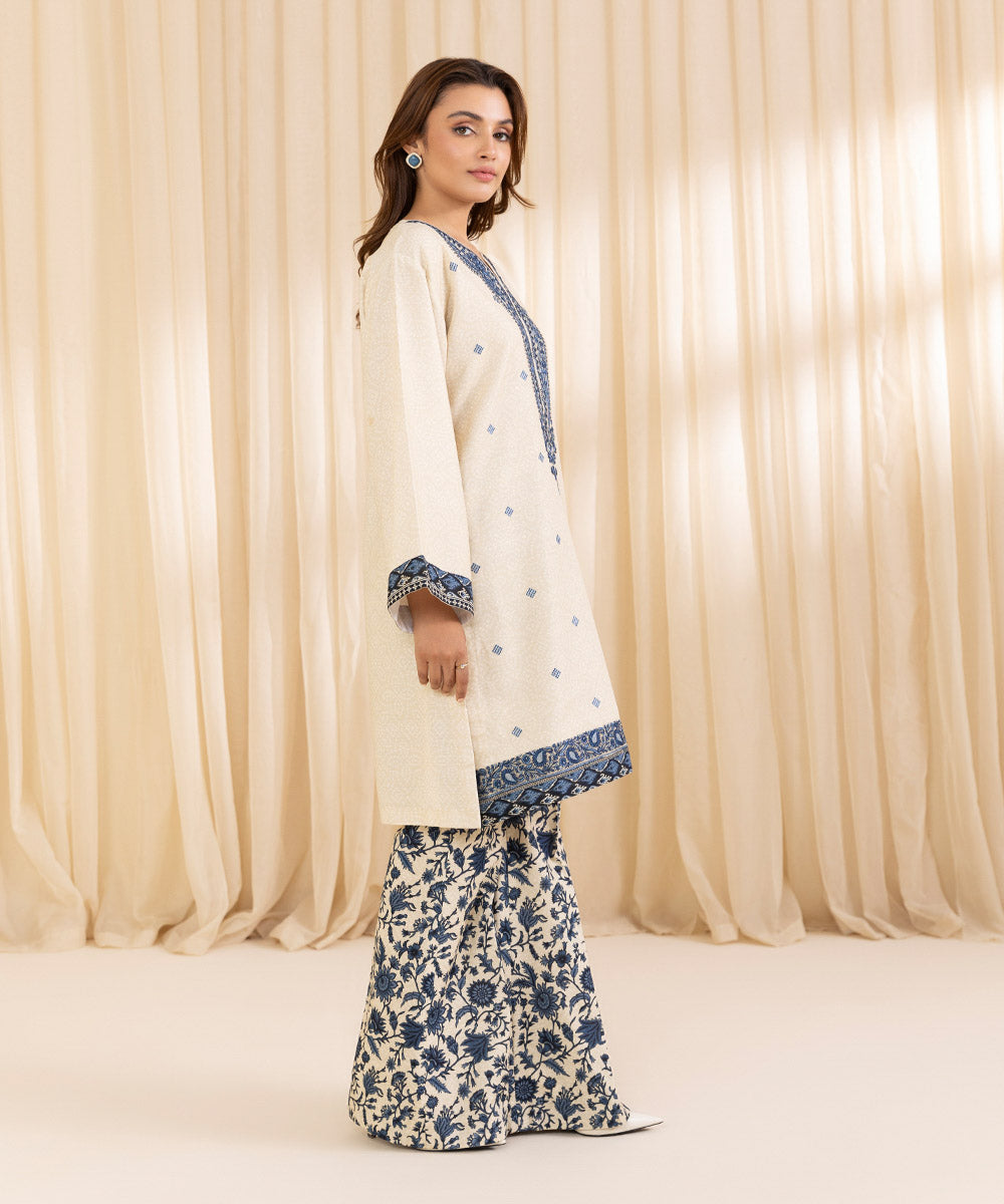 Women's Unstitched Embroidered Ivory Khaddar Shirt and Dupatta