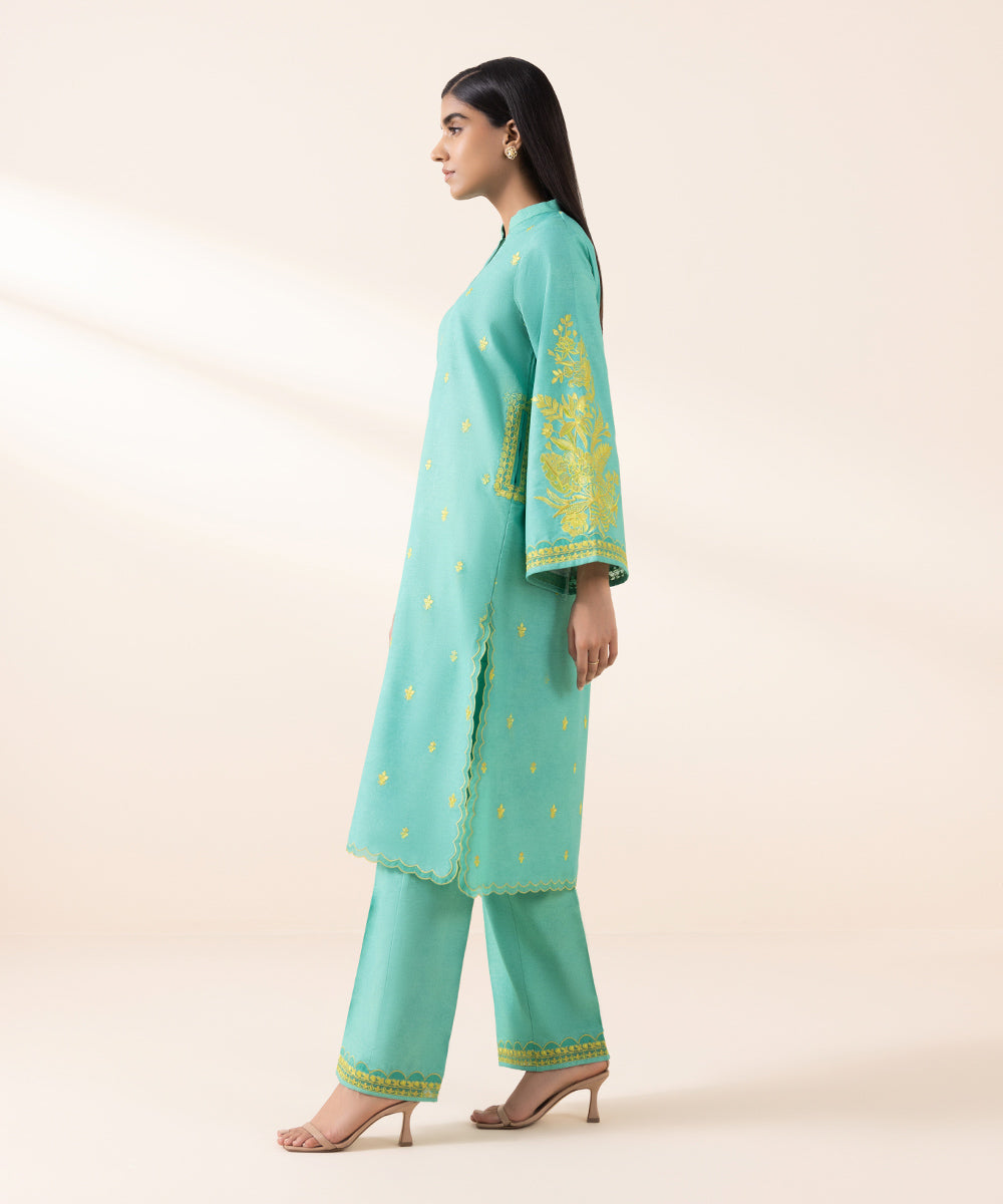 Women's Unstitched Blended Karandi Blue Embroidered 2 Piece Suit