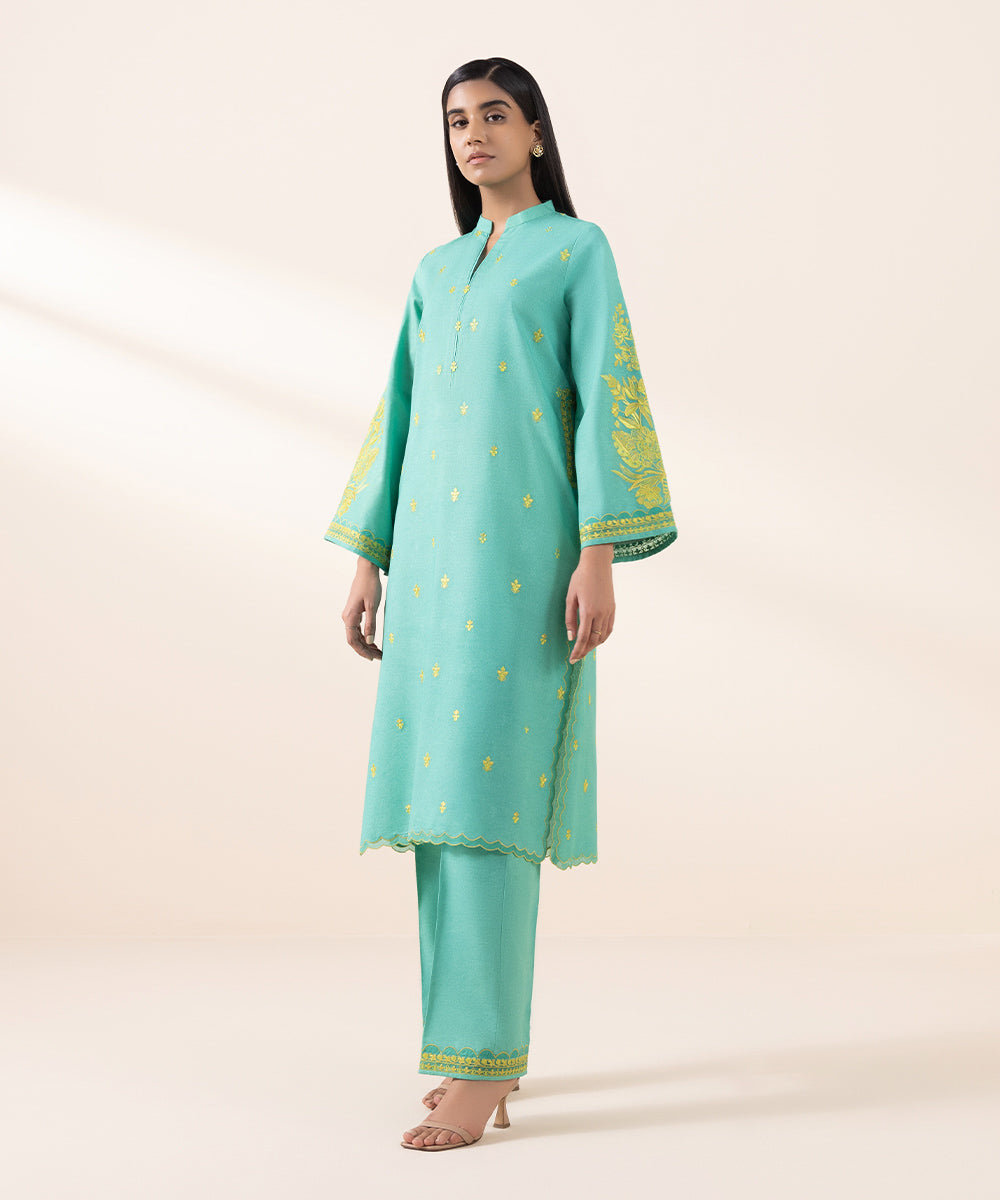 Women's Unstitched Blended Karandi Blue Embroidered 2 Piece Suit