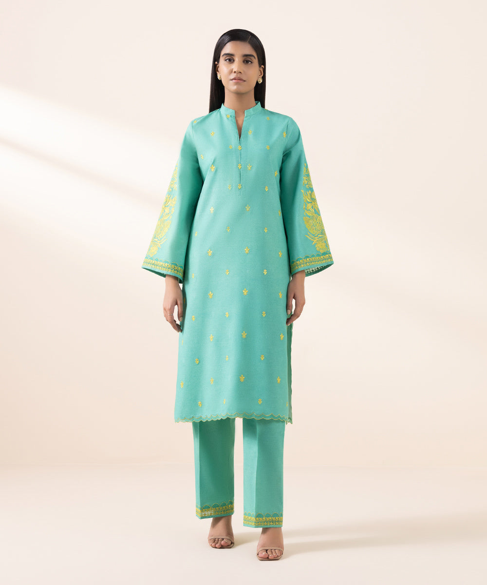 Women's Unstitched Blended Karandi Blue Embroidered 2 Piece Suit