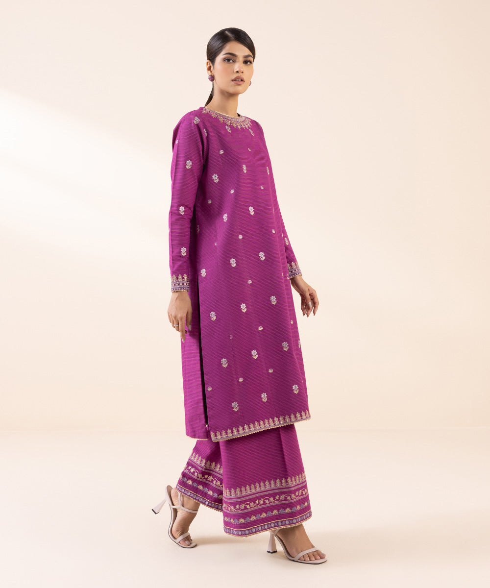 Women's Unstitched Zari Khaddar Purple Embroidered 2 Piece Suit 