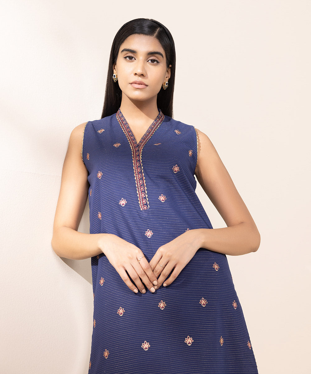 Women's Unstitched Zari Khaddar Blue Embroidered 2 Piece Suit 