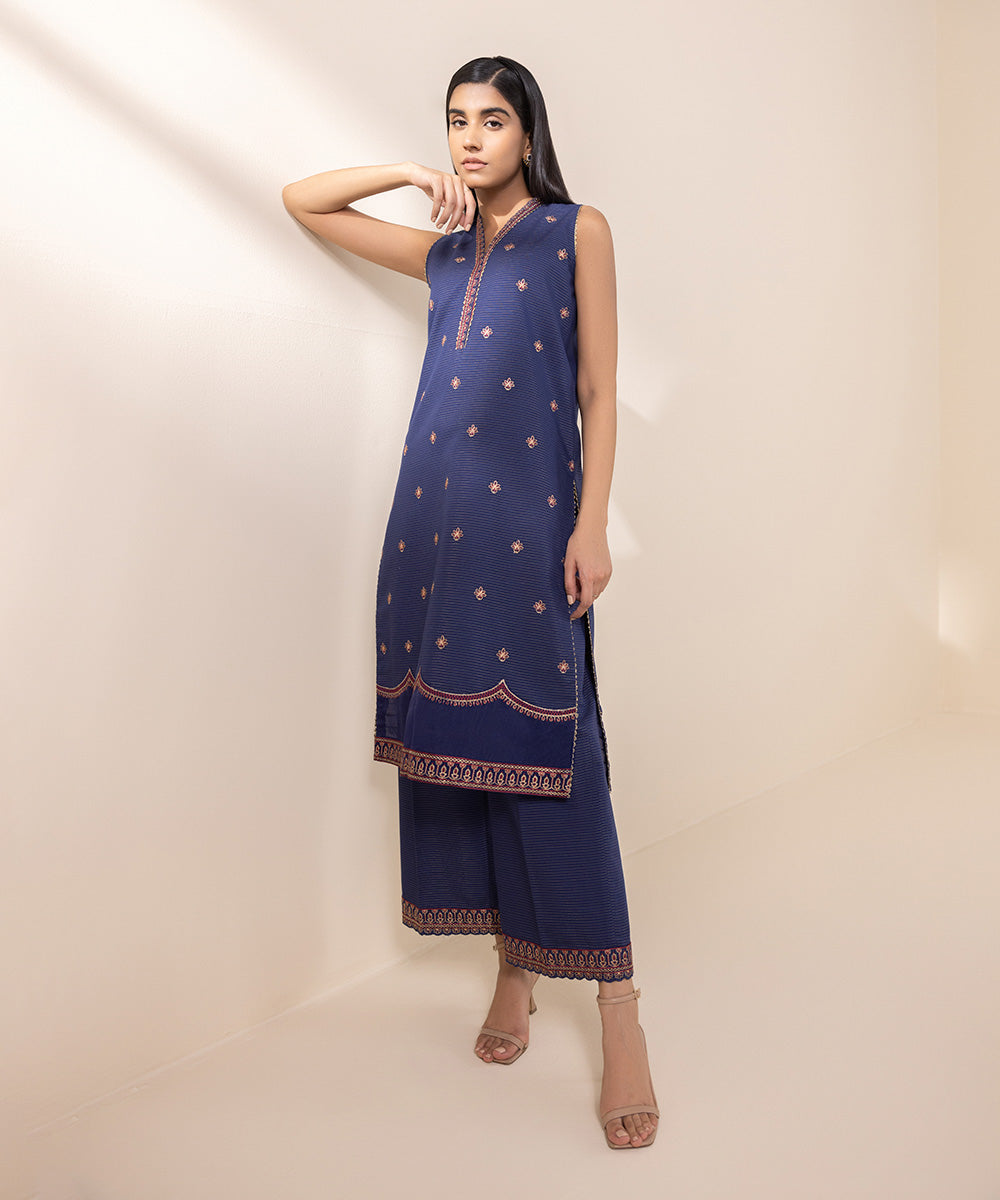 Women's Unstitched Zari Khaddar Blue Embroidered 2 Piece Suit 