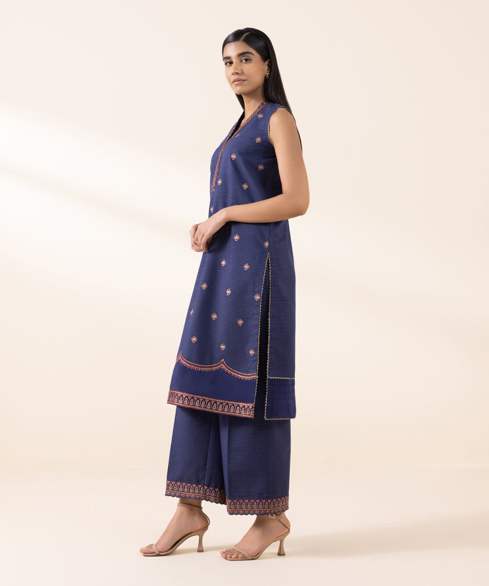 Women's Unstitched Zari Khaddar Blue Embroidered 2 Piece Suit 